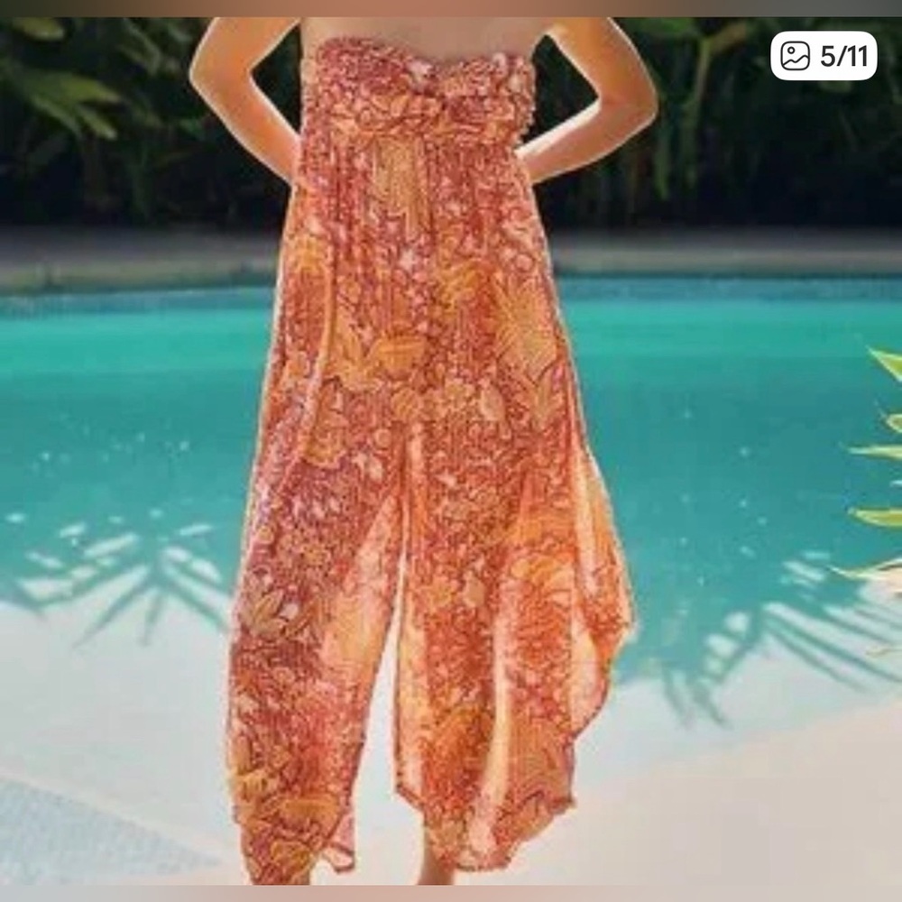 Anthropologie Orange/Pink metallic Flowey harem Strapless Jumpsuit size small